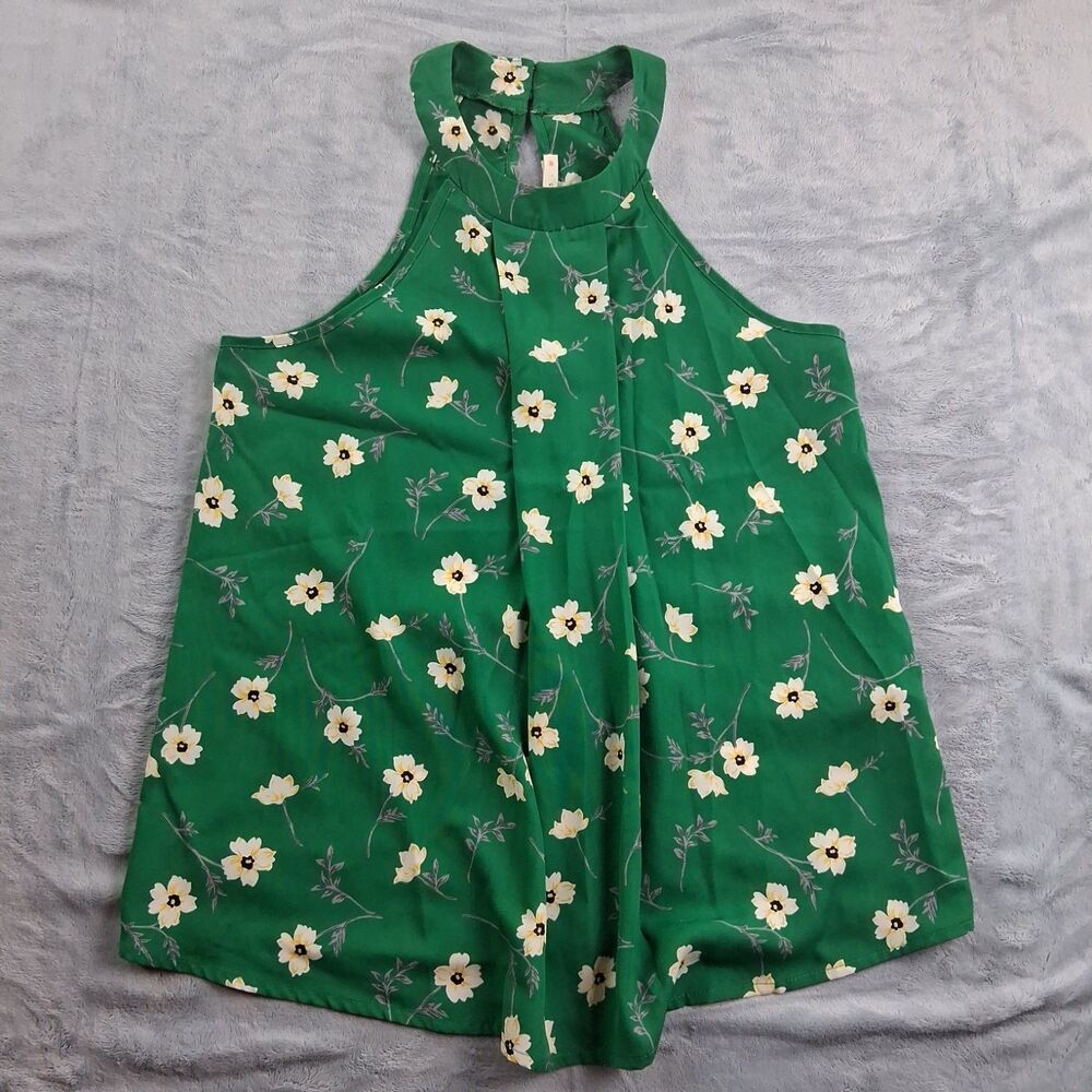 LE LIS Green Floral Halter Neck Sleeveless Tank Top Women's Size Small Pleated